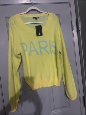 Fashion Nova Yellow PARIS Scoopneck Sweater with Light Blue Lettering